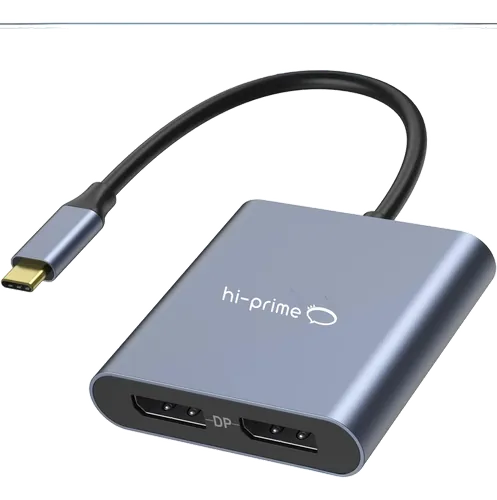 Adaptador USB-C para duas saídas DisplayPort 1.4, corpo prateado com cabo curto, sobre fundo branco.
