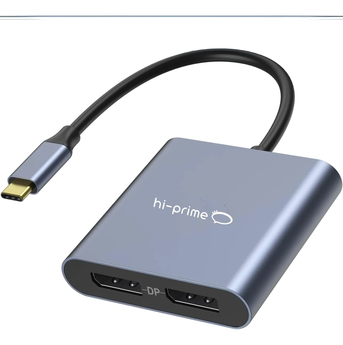 Adaptador USB-C para duas saídas DisplayPort 1.4, corpo prateado com cabo curto, sobre fundo branco.