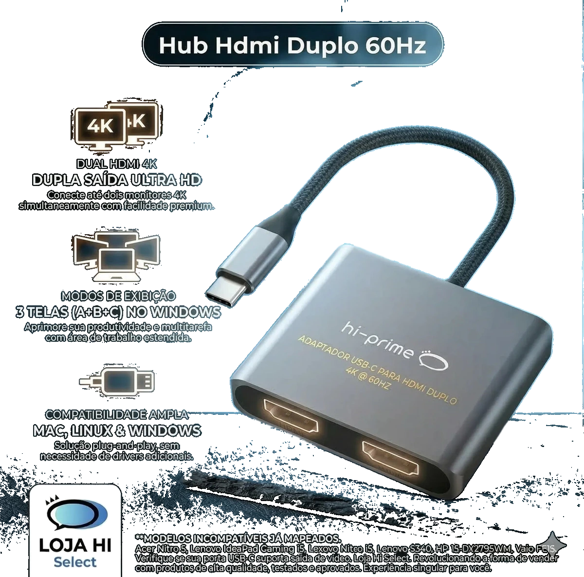 Imagem 2 do anúncio: Adaptador USB-C HDMI Duplo 60Hz Hi-Prime