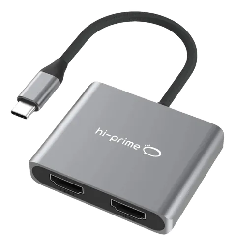 Adaptador USB-C para HDMI duplo 60 Hz, corpo cinza com cabo, sobre fundo branco.