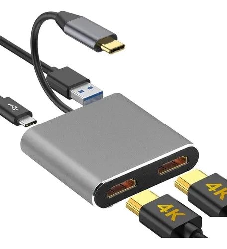 Adaptador USB-C para HDMI com saída para dois monitores, corpo cinza e cabo integrado, sobre fundo branco.