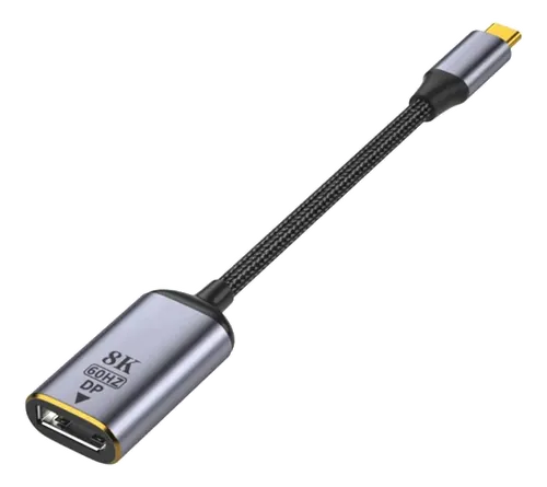 Cabo adaptador USB-C para DisplayPort com conector dourado, sobre fundo branco.
