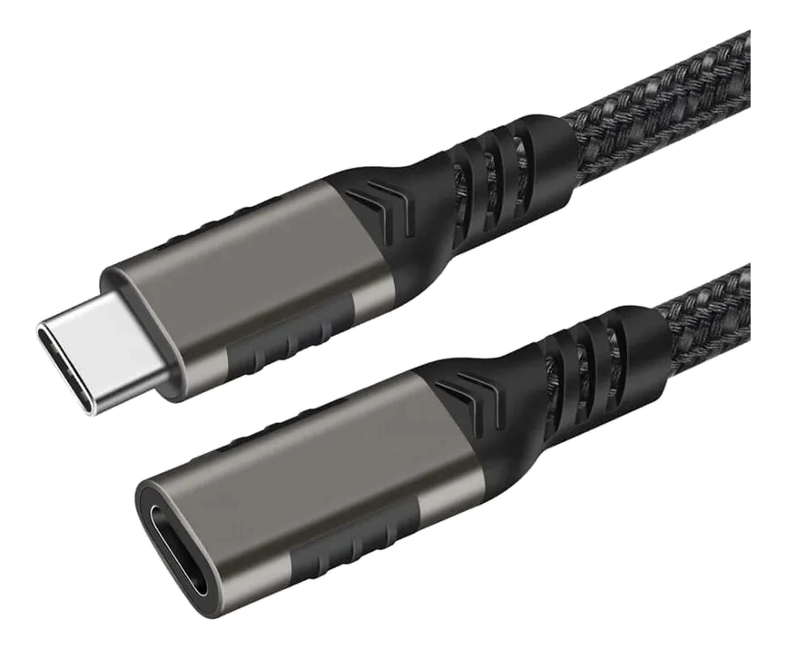 Cabo extensor Thunderbolt 4 preto trançado com dois conectores USB-C metálicos, sobre fundo branco.