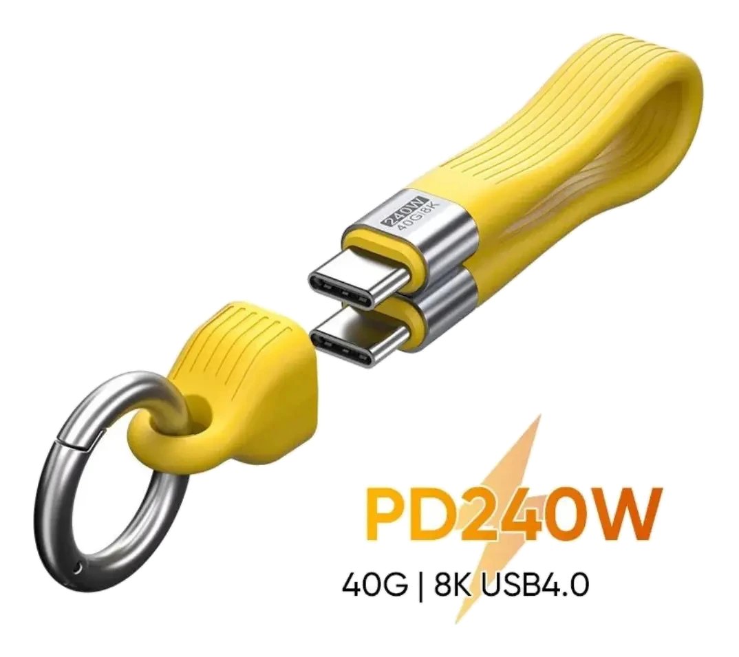 Cabo USB-C amarelo tipo chaveiro com texto informando PD 240W, 40G e suporte a 8K.