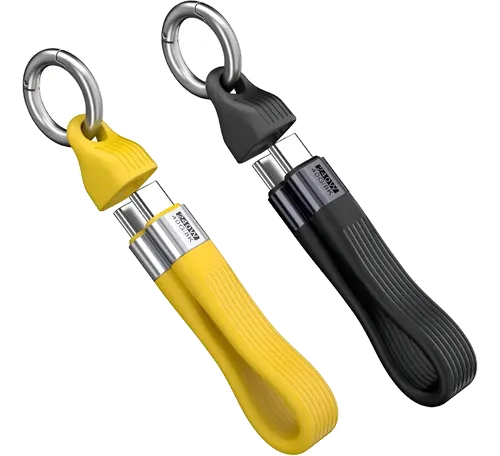 Dois cabos USB-C tipo chaveiro com argola, um amarelo e um preto, sobre fundo branco.