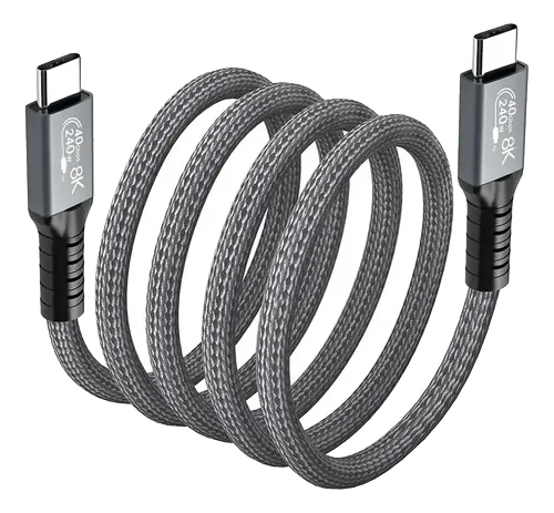 Cabo Thunderbolt 4 trançado cinza enrolado com dois conectores USB-C metálicos, sobre fundo branco.