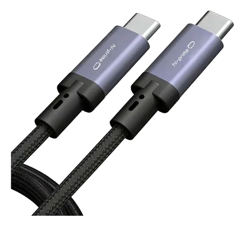Cabo Thunderbolt 5 USB-C preto e cinza trançado com dois conectores metálicos, sobre fundo branco.