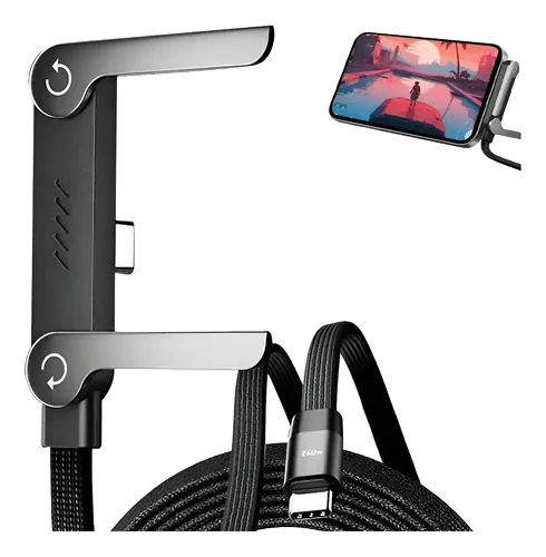 Cabo USB-C 240 W preto com suporte para telefone acoplado, sobre fundo branco.