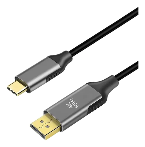 Cabo USB-C para DisplayPort 4K preto com conectores metálicos, sobre fundo branco.
