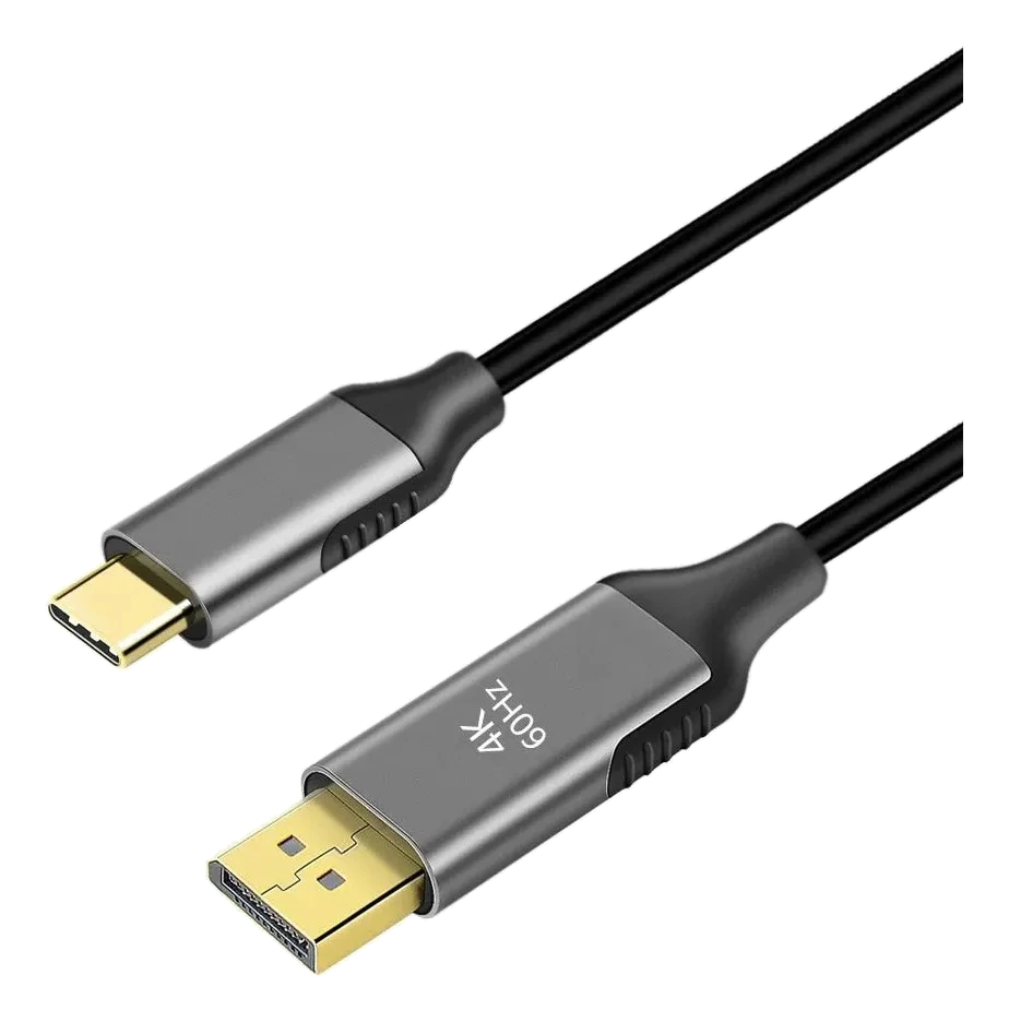 Cabo USB-C para DisplayPort 4K preto com conectores metálicos, sobre fundo branco.