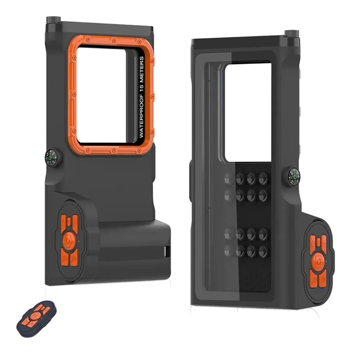 Capa de mergulho universal preta com detalhes laranja e visor frontal e traseiro, sobre fundo branco.