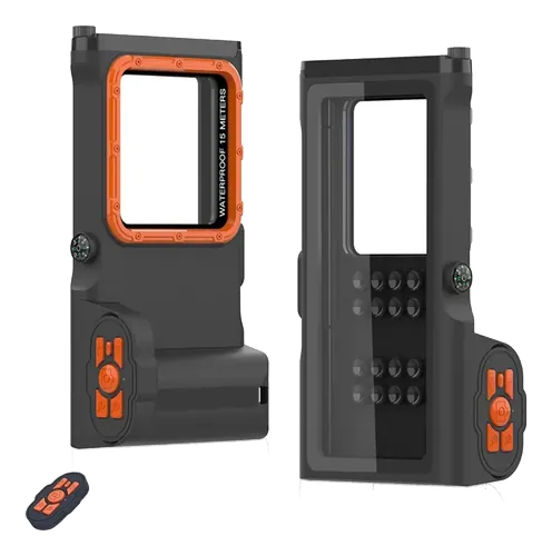 Capa de mergulho universal preta com detalhes laranja e visor frontal e traseiro, sobre fundo branco.