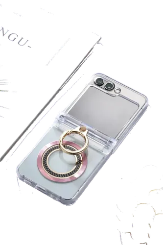Capa MagSafe transparente para Galaxy Z Flip 5 com anel magnético, apoiada sobre superfície clara.