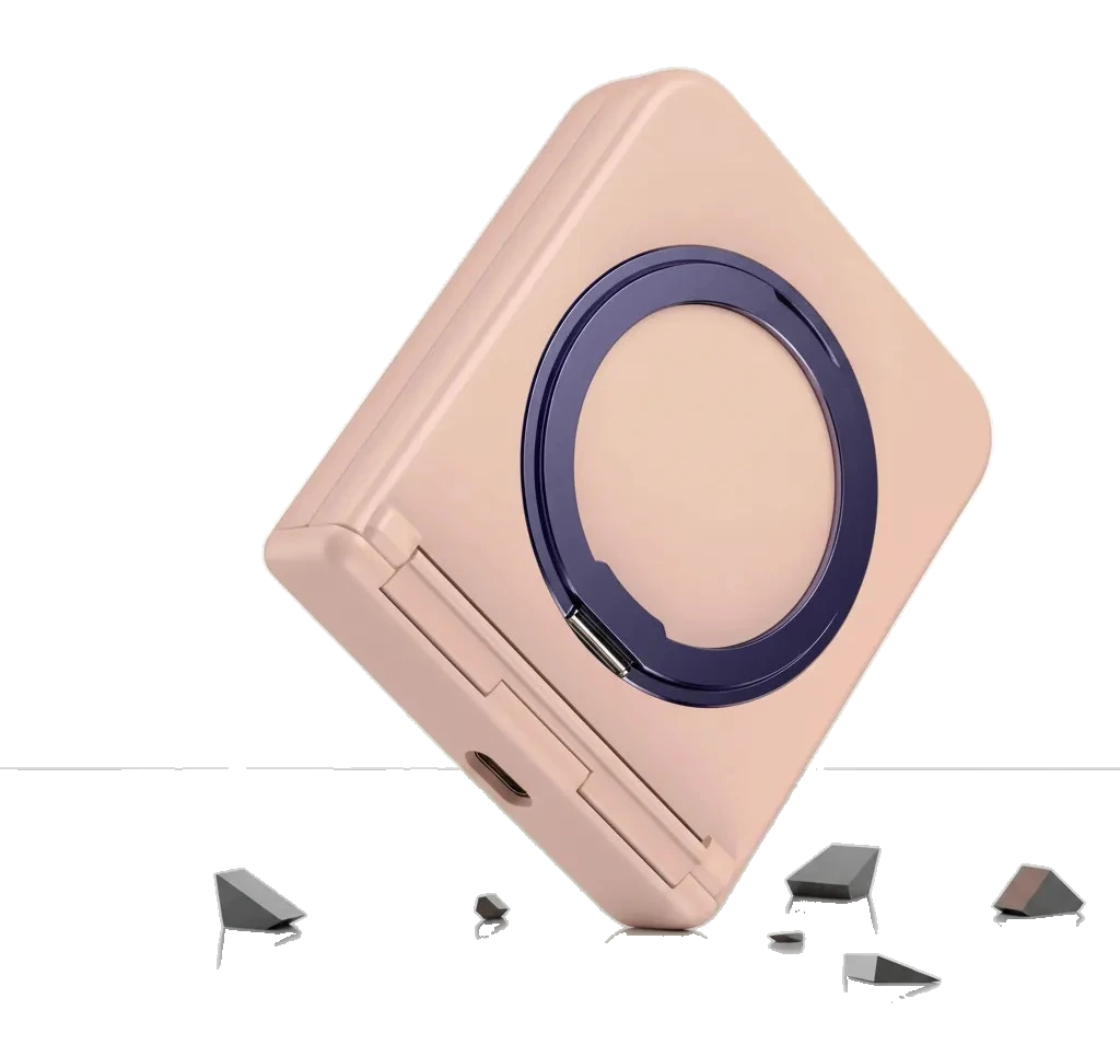 Capa magnética rosa para Galaxy Z Flip 7 com anel circular, sobre fundo branco.