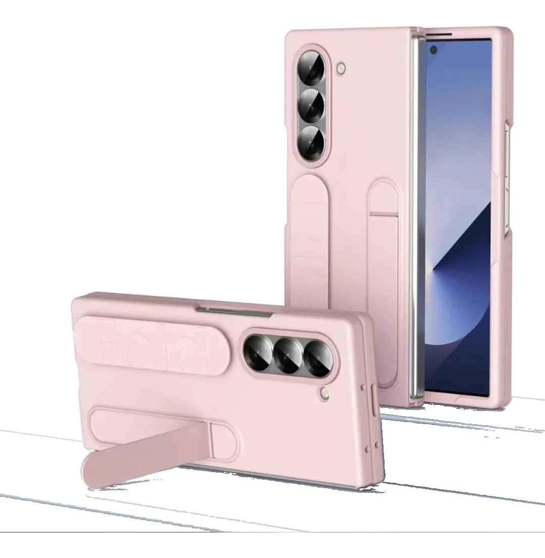 Capas rosas para Galaxy Z Fold 6 com alça e suporte de mesa, vistas aberta e fechada sobre fundo claro.
