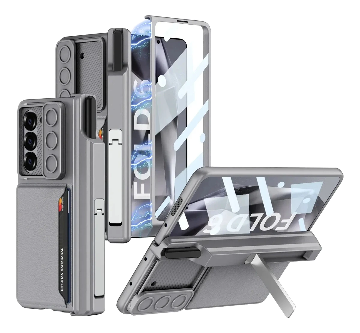 Capa cinza para Galaxy Z Fold 6 com suporte e compartimento para S Pen, vistas frontal e traseira sobre fundo branco.