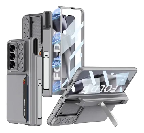 Capa cinza para Galaxy Z Fold 6 com suporte e compartimento para S Pen, vistas frontal e traseira sobre fundo branco.