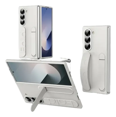 Capa para Galaxy Z Fold 7 com alça e suporte de mesa, em vários ângulos sobre fundo branco.