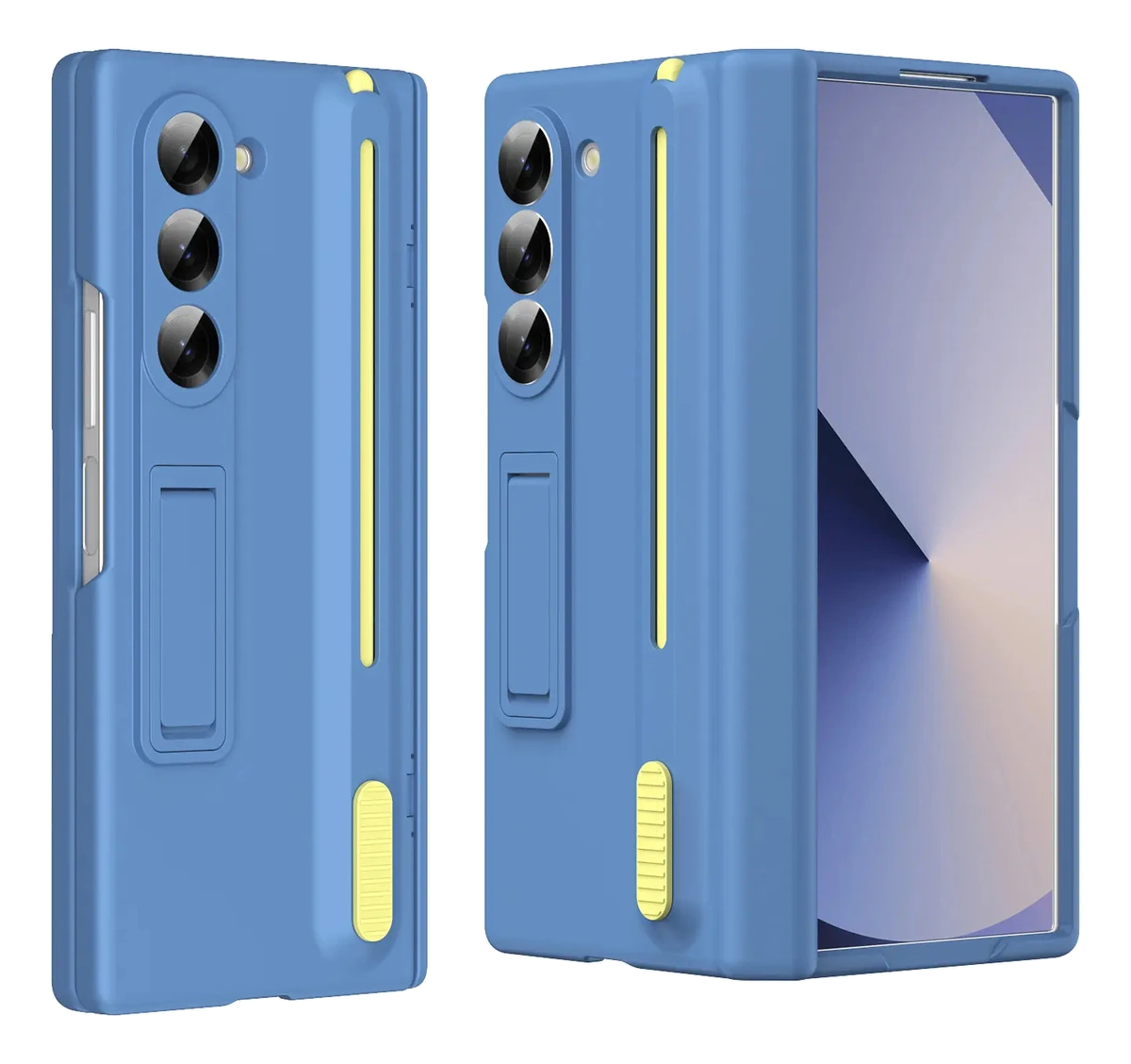 Capas azuis para Galaxy Z Fold 7 com S Pen, duas vistas sobre fundo branco.