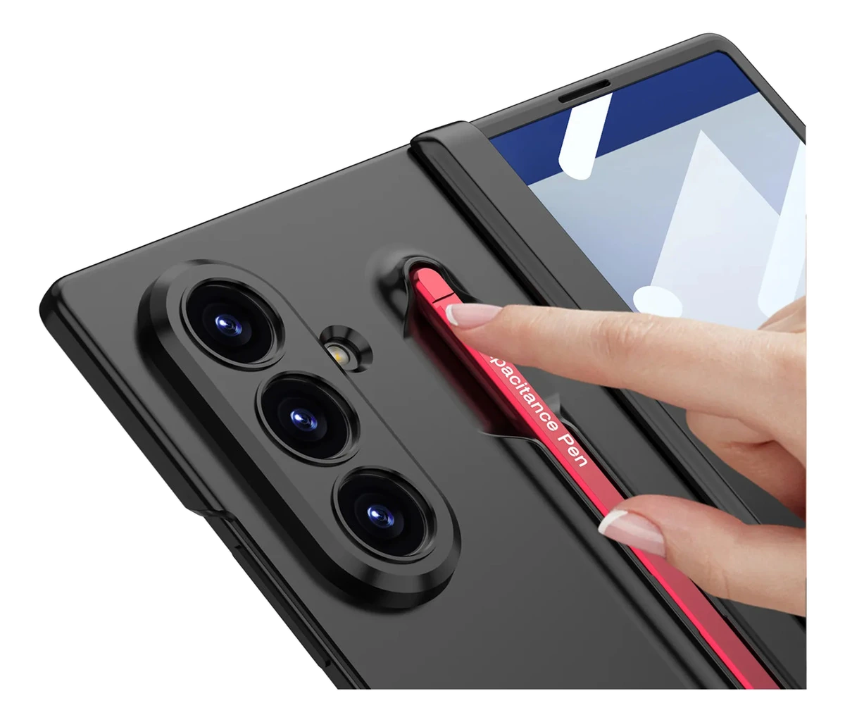 Capa preta para Galaxy Z Fold com S Pen vermelha na lateral, segurada na mão sobre fundo cinza claro.