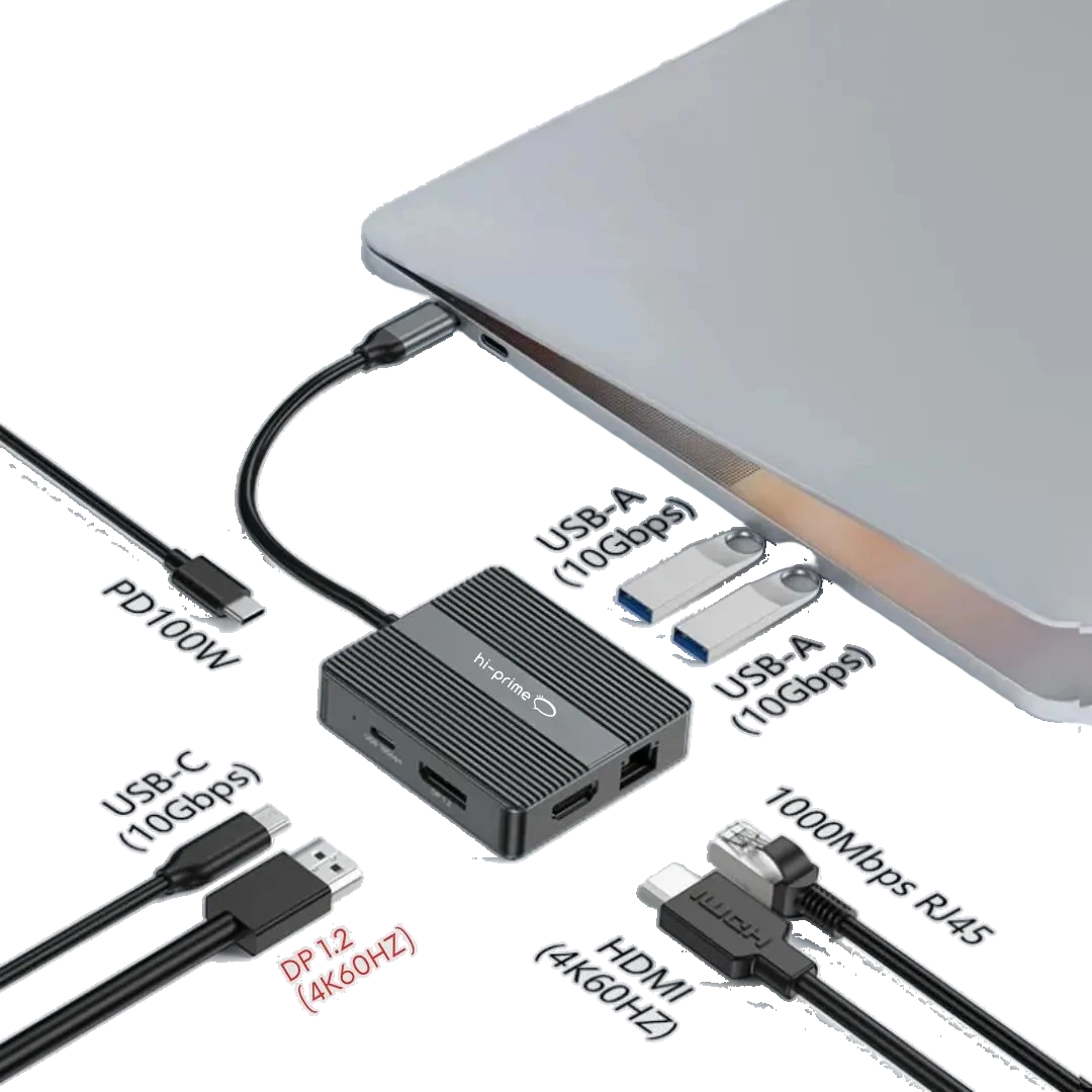 Hub USB-C preto conectado a um notebook prateado, com cabos USB-C, USB-A, HDMI e RJ45 rotulados com especificações, sobre fundo branco.