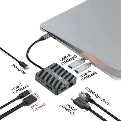 Hub USB-C preto conectado a um notebook prateado, com cabos USB-C, USB-A, HDMI e RJ45 rotulados com especificações, sobre fundo branco.