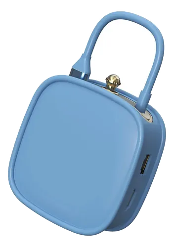 Hub dock USB-C 10 em 1 com design de bolsa azul-clara e alça, porta USB-A visível na lateral, sobre fundo branco.