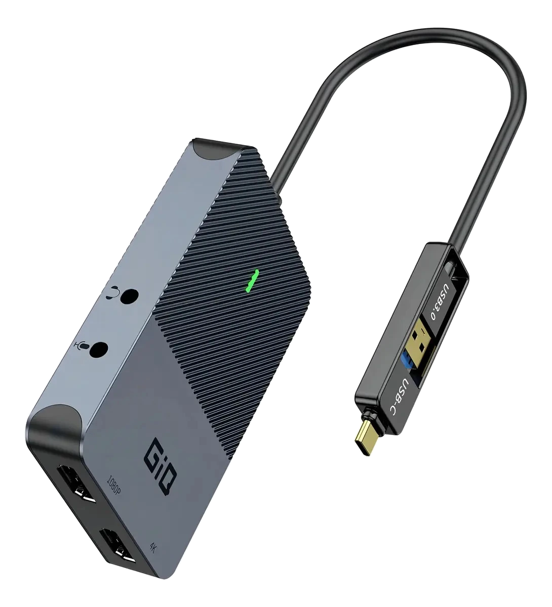 Foto do hub Giq DisplayLink cinza-escuro com cabo USB-C e conector USB-A.
