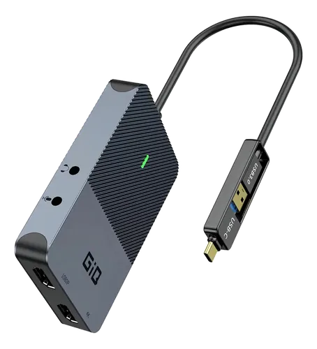 Foto do hub Giq DisplayLink cinza-escuro com cabo USB-C e conector USB-A.
