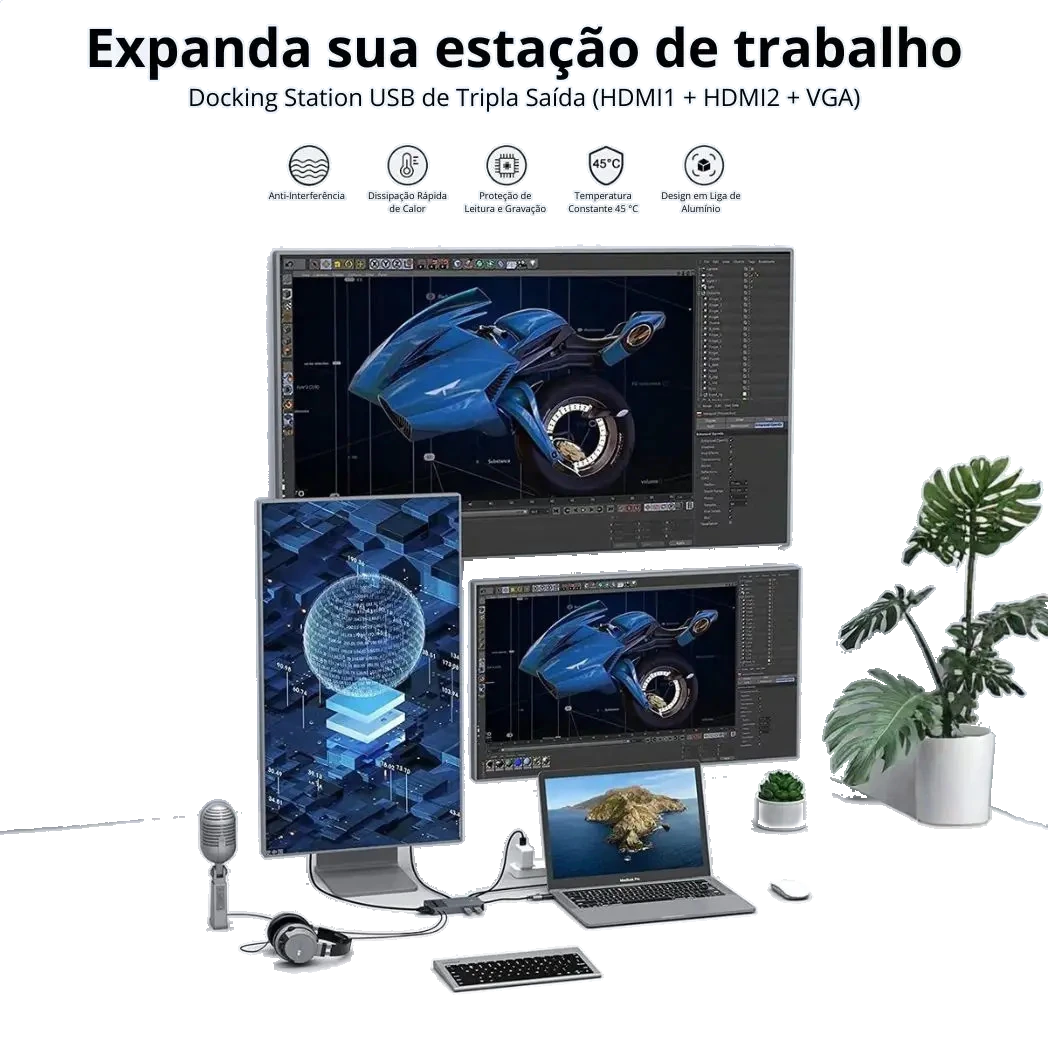 Foto de mesa de trabalho com notebook, dois monitores externos e o hub conectado.
