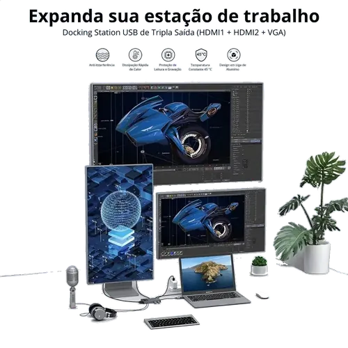 Foto de mesa de trabalho com notebook, dois monitores externos e o hub conectado.