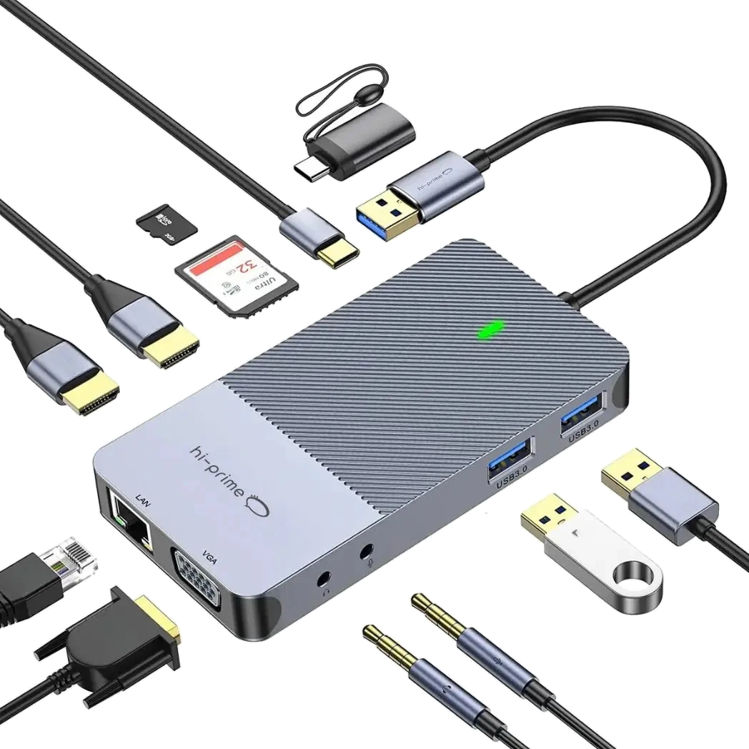 Hub USB-C Hi-Prime cinza com cabos HDMI, USB, RJ45, VGA e cartão SD conectados.