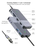 Diagrama do hub com as portas identificadas: USB-C, SD/TF, HDMI 1, HDMI 2, VGA e LAN.