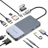 Hub USB-C Hi-Prime cinza com cabos HDMI, USB, RJ45, VGA e cartão SD conectados.