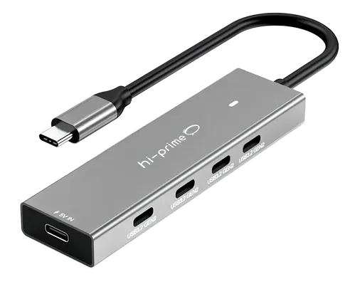 Hub USB-C prateado com cabo USB-C, quatro portas USB-C 3.2 Gen 2 e entrada 5V IN, sobre fundo branco.
