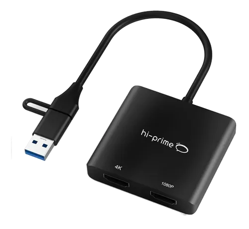 Hub Hi-Prime preto com cabo USB-A e portas HDMI e USB-C, sobre fundo branco.