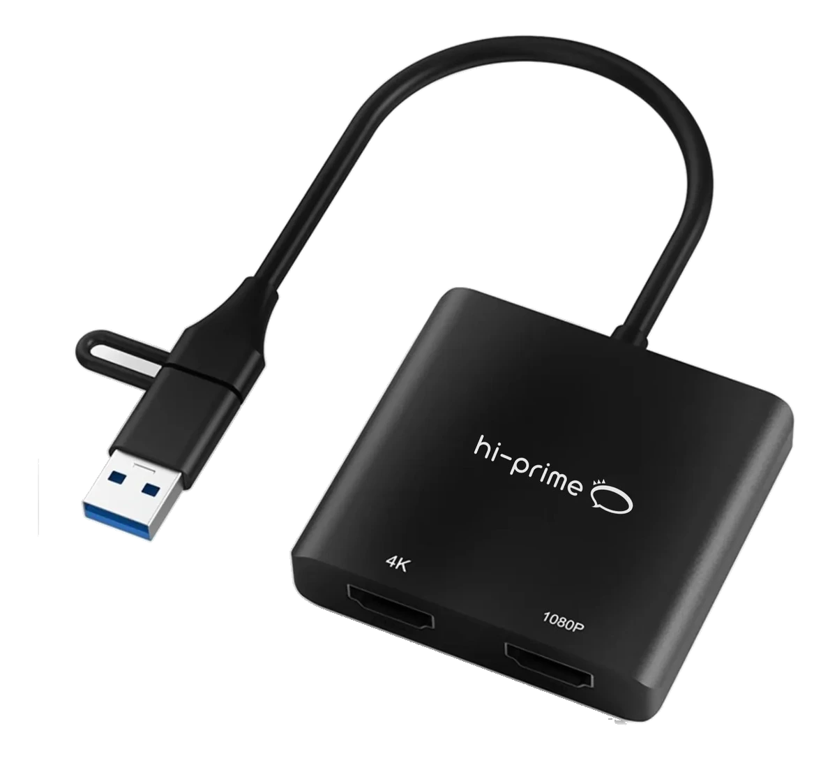 Hub Hi-Prime preto com cabo USB-A e portas HDMI e USB-C, sobre fundo branco.
