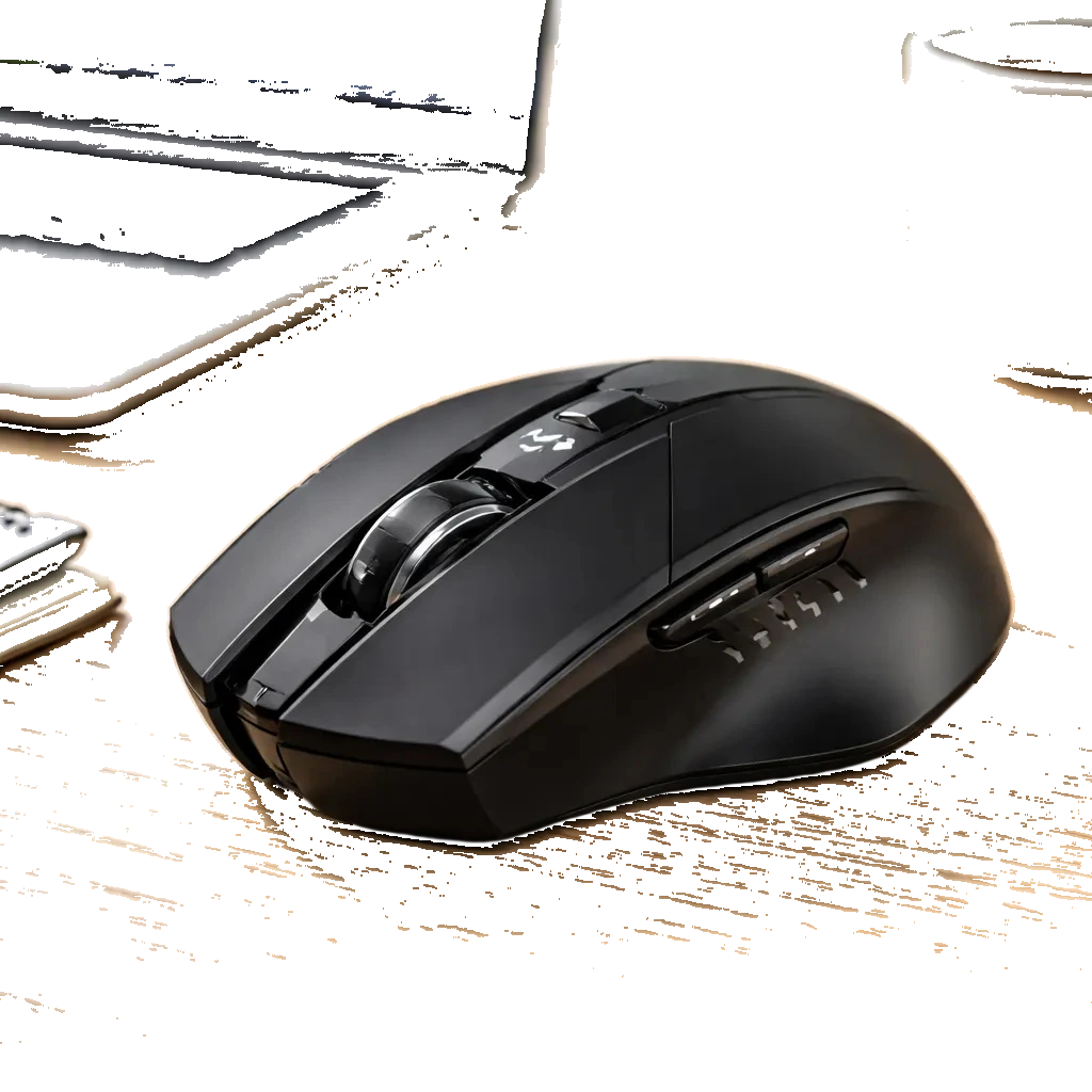 Mouse sem fio Inphic preto com Bluetooth 5.1, sobre mesa de madeira com notebook ao fundo.