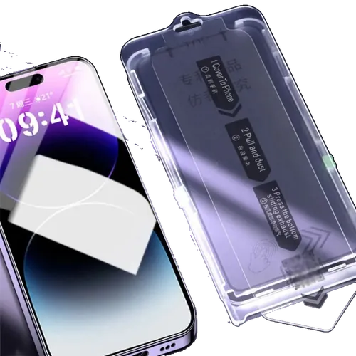 Película de vidro com aplicador para iPhone 16 Pro, em fundo lilás com o celular ao lado.
