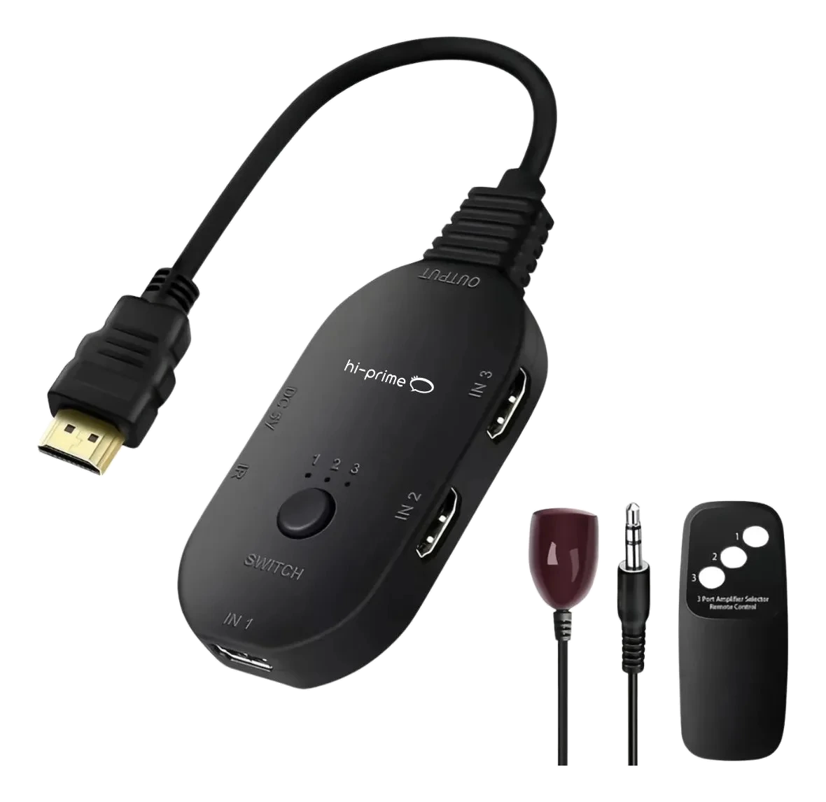 Splitter HDMI 8K preto com cabo e controle remoto, sobre fundo branco.