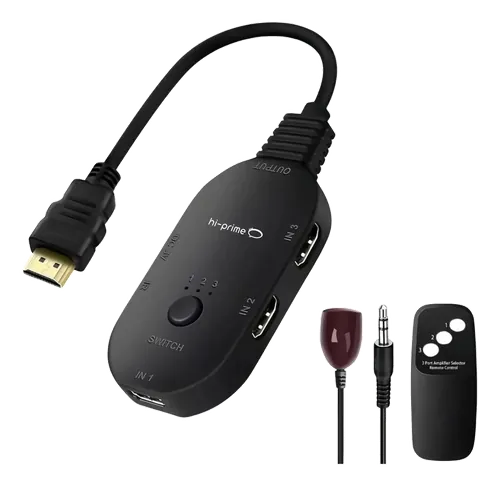 Splitter HDMI 8K preto com cabo e controle remoto, sobre fundo branco.