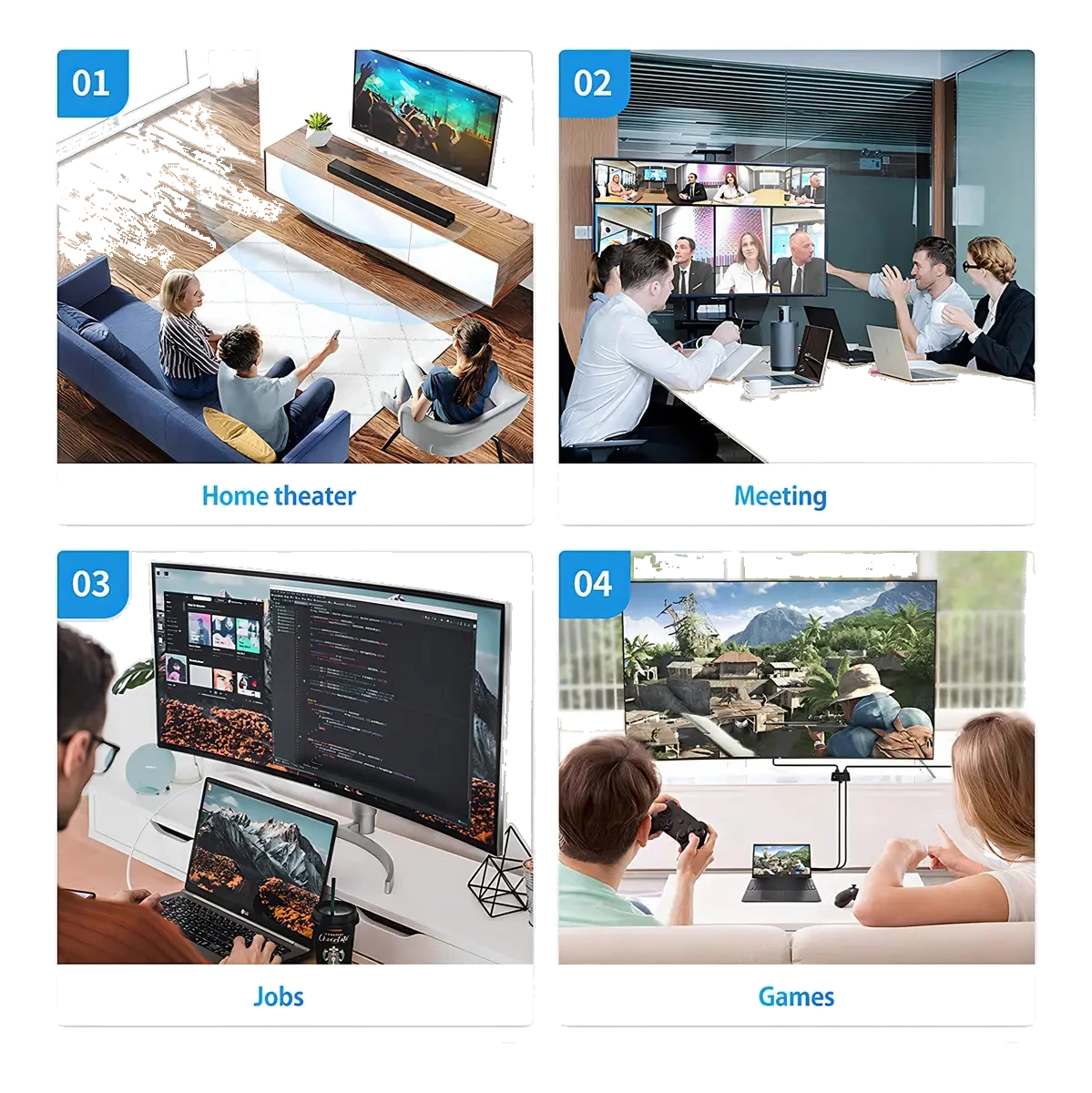 Colagem com quatro cenas de uso do produto: home theater, reunião, trabalho e jogos.
